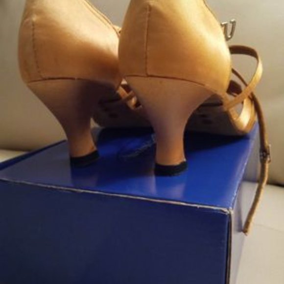 Gold and Tan Dance Heels with Strap and Pointed Toe - Picture 3 of 11